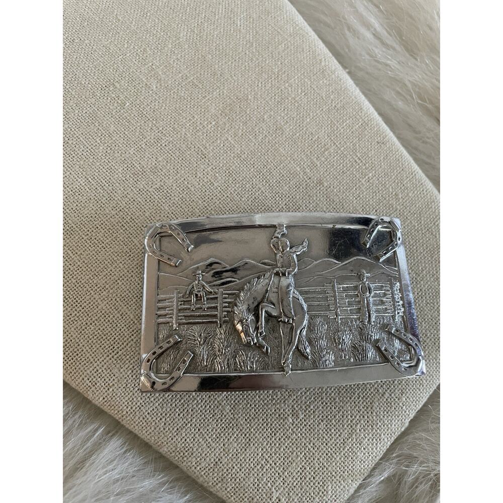 Silver Tone Belt Buckle Rodeo Clown Riding Belt Buckle Vintage Cowboy Western